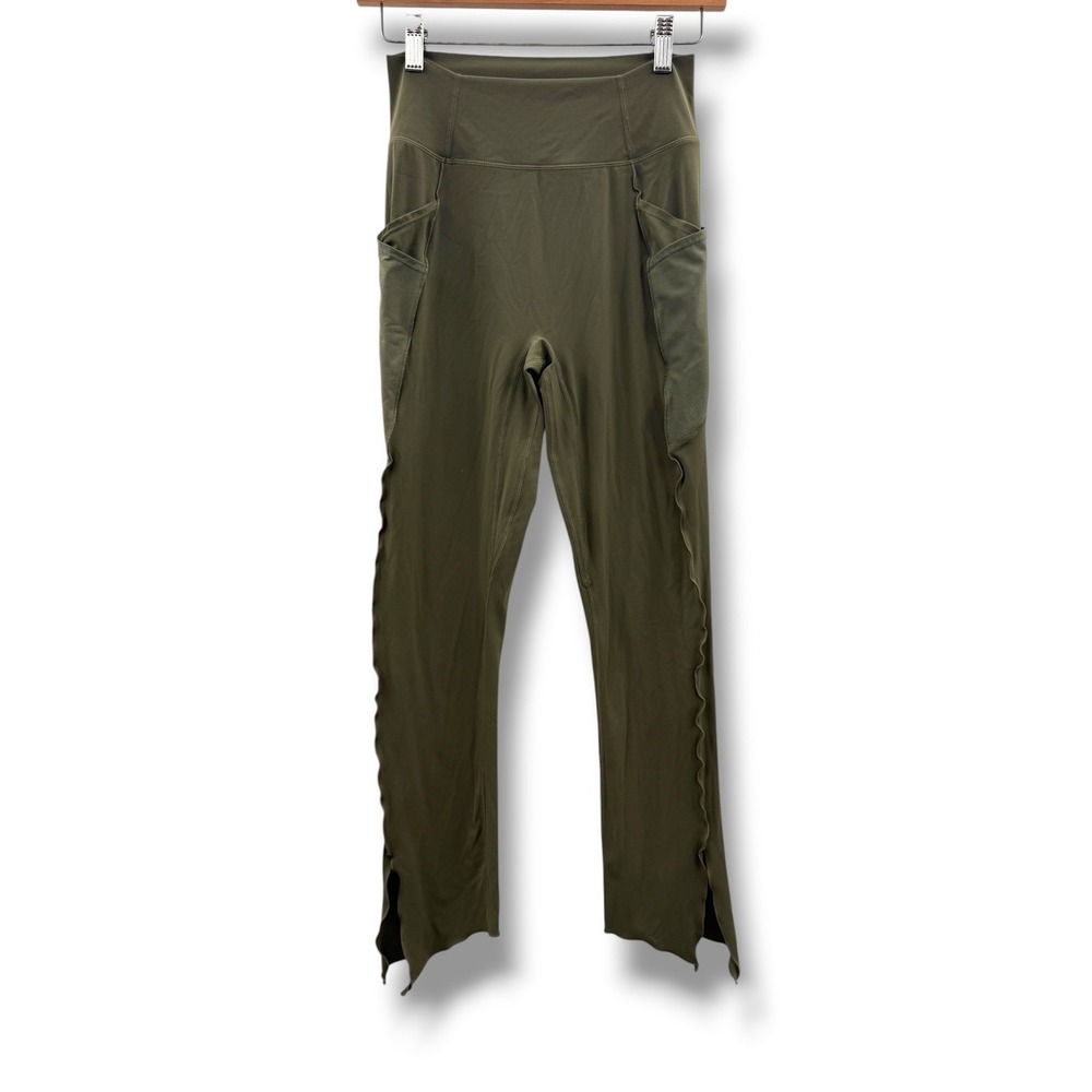 Halara Leggings Womens S Olive Green Ruffle Hem Side Pocket High Rise Yoga Pant
